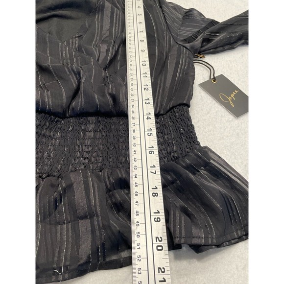 Japna Smocked Surplice Top XS Black Silver Metallic Stripe Sheer Long Sleeve NWT - Picture 7 of 8